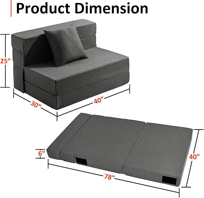 Twin Size Folding Sofa Bed - 4 in 1 Sleeper Chair with Pillow - High Density Memory Foam Fold Out Couch with Washable Modern Linen Cover for Apartment (Dark Grey) - LeafyLoom