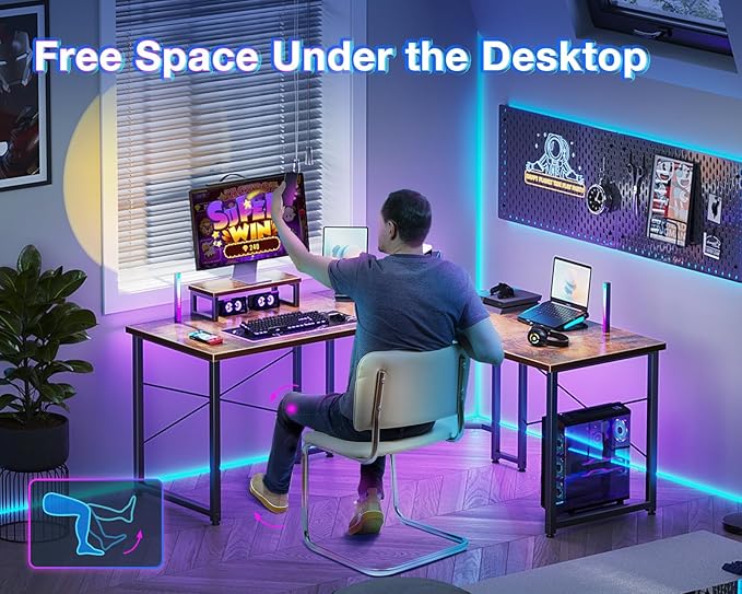 Casaottima L Shaped Gaming Desk with Monitor Stand, Corner Desk Gaming Table for Home Office, Computer Desk Sturdy Writing Workstation for Small Space, 51 inch, Rustic Brown - LeafyLoom