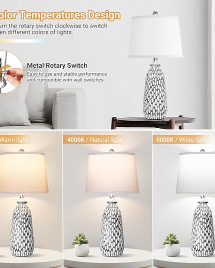 QiMH Modern Coastal Table Lamps for Bedroom Set of 2, Bedside Lamp with White Shade, Gray White Resin Nightstand Lamp for Living Room Home Lighting Decor,3-Color Temperature LED Bulbs Included - LeafyLoom