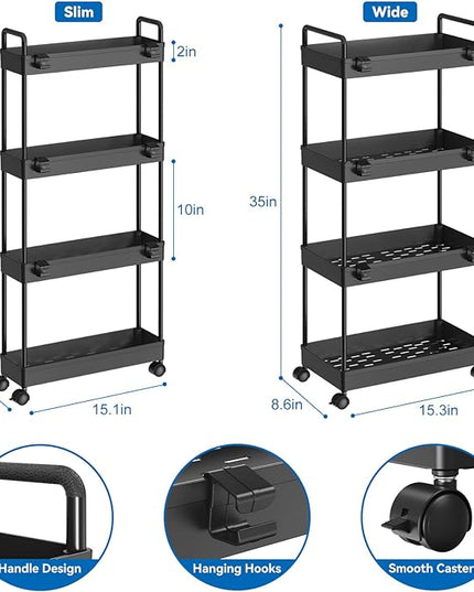 2 Pack 4 Tier Slim Storage Cart, Bathroom Organizer Laundry Room Organization Mobile Shelving Unit Slide Out Utility Rolling Rack with Wheels for Kitchen Garage Office Small Apartment Narrow Space - LeafyLoom