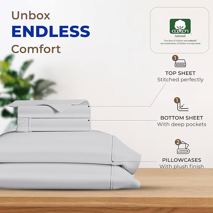 THREAD SPREAD 100% Egyptian Cotton Sheets Full Size - 600 Thread Count Sheets 4 PC 16" Deep Pocket Full Size Sheets Set, High Thread Count Soft Cooling Sateen Weave Hotel Luxury Sheets Set - Silver - LeafyLoom