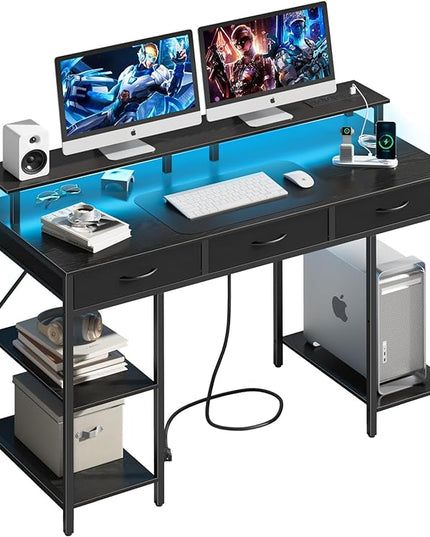 Yoobure Computer Desk with Drawers, Office Desk with LED Lights & Outlets, Small Desk with Storage Shelves, Gaming Desk 48" Home Office Desks with Monitor Stand, Writing Desk for Bedroom Small Spaces - LeafyLoom