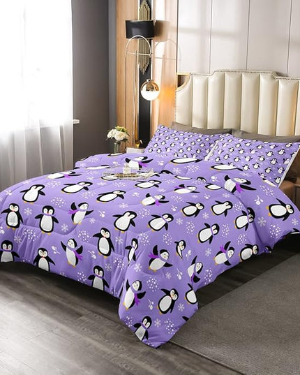 Penguin Comforter Set Twin Size Kawaii Penguin Down Comforter Antarctic Animal Bedding Set for Kids Boys Girls Teens Cartoon Cute Winter Quilt Set Snowflake Pattern Duvet Set Room Decor, Purple - LeafyLoom