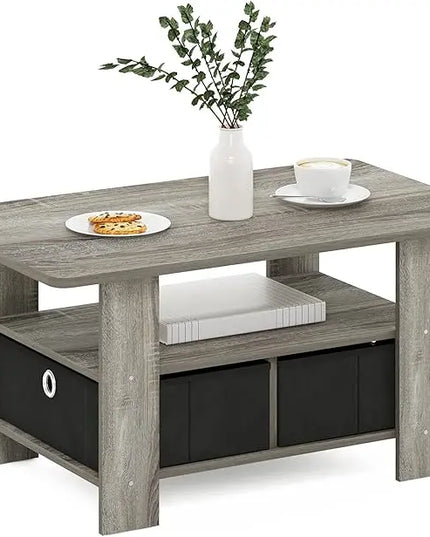Furinno Andrey Coffee Table with Bin Drawer, French Oak Grey/Black - LeafyLoom