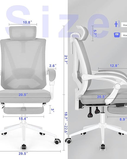 Misolant Ergonomic Office Chair with Footrest, Ergonomic Desk Chair with Adjustable 2D Lumbar Support, High Back Office Chair with Adjustable Headrest, Comfortable Executive Office Chair -Gray - LeafyLoom