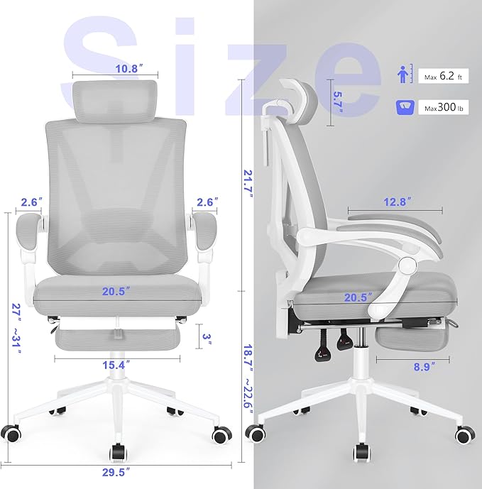 Misolant Ergonomic Office Chair with Footrest, Ergonomic Desk Chair with Adjustable 2D Lumbar Support, High Back Office Chair with Adjustable Headrest, Comfortable Executive Office Chair -Gray - LeafyLoom