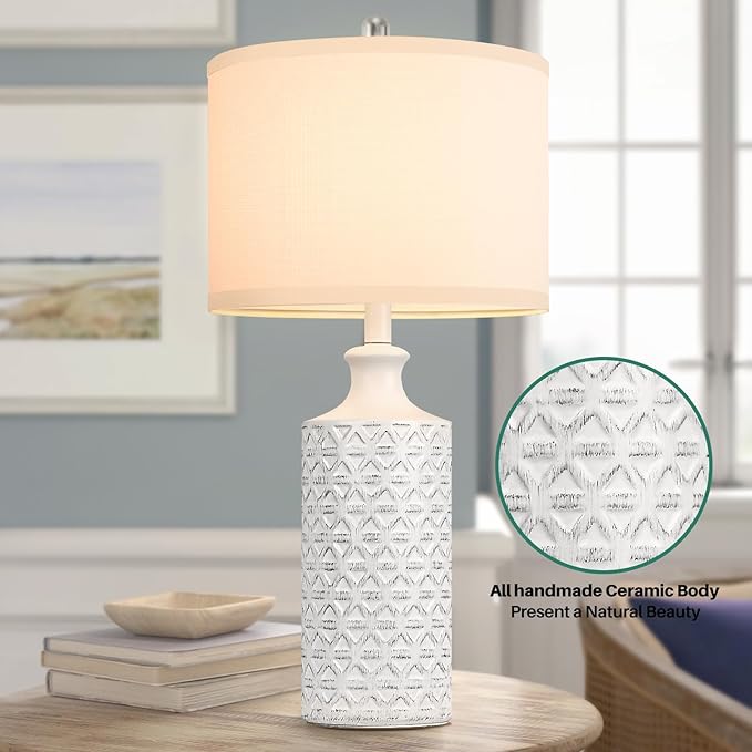 Brightever Ceramic Table Lamps Set of 2, 25'' Farmhouse Modern Nightstand Lamps for Living/Study Room, Bedroom, Office, Large Bedside Lamp with White Fabric Shade, Bulb not Included - LeafyLoom