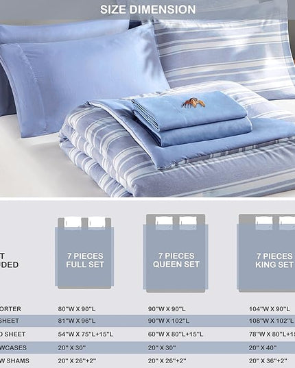 Queen Size Comforter Sets with Sheets, Modern Blue and White Striped Bed in a Bag, 7-Piece Complete Bedding Set Including Reversible Comforter, 2 Sheets, Pillowcases & Shams - LeafyLoom