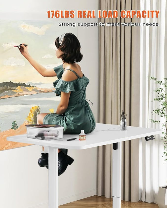 Electric Standing Desk Adjustable Height Stand Up Desk, 48" x 24" Sit Stand Desk, Low Noise Home Office Desk, Computer Desk with Splice Board, Child Lock & Memory Function, White - LeafyLoom