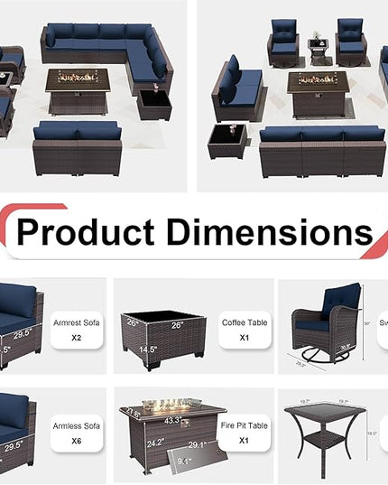 Patio Furniture Sectional Sofa Set 13PCS PE Rattan Swivel Rocking Chairs Patio Conversation Set w/43in Gas Fire Pit Table, Outdoor Furniture with 55000 BTU Propane Fire Pit, Navy Blue - LeafyLoom