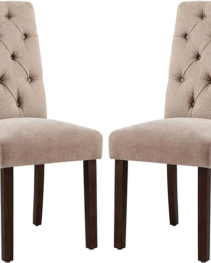 COLAMY Button Tufted Dining Chairs Set of 2, Parsons Upholstered Fabric Dining Room Chairs Kitchen Chairs with Wood Legs and Padded Seat, Taupe - LeafyLoom