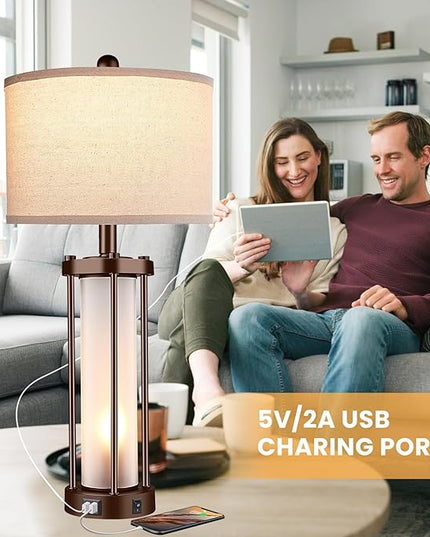 Set of 2 Farmhouse Lamps for Living Room, Rustic Vintage Bedroom Nightstand Table Lamp with 2 USB Charging Ports, Built-in Frosted Glass Night Light for End Table Entryway, Bulbs Included (Bronze) - LeafyLoom