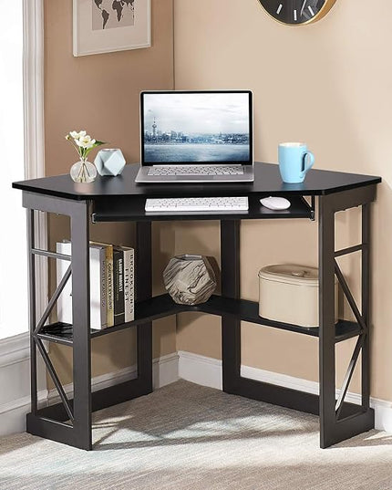 VECELO Corner Computer Desk 41 x 30 inches with Smooth Keyboard & Storage Shelves for Home Office Workstation, Black - LeafyLoom