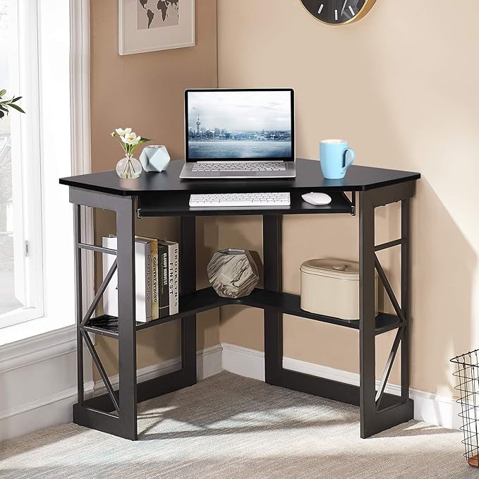 VECELO Corner Computer Desk 41 x 30 inches with Smooth Keyboard & Storage Shelves for Home Office Workstation, Black - LeafyLoom