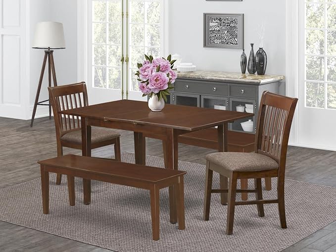 East West Furniture NOFK5C-MAH-C 5 Piece Set Includes a Rectangle Kitchen Table with Butterfly Leaf and 2 Linen Fabric Dining Chairs with 2 Benches, 32x54 Inch - LeafyLoom