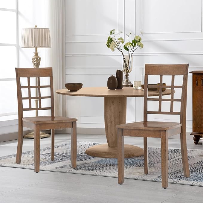 COLAMY Wooden Dining Chairs Set of 4, Nine-Square High Back Kitchen Side Chair, Farmhouse Dining Chairs for Kitchen and Dining Room, Light Brown - LeafyLoom