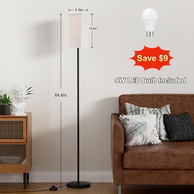 Ambimall Floor Lamps for Living Room - Remote Control, 9W Stepless Dimmable Bulb, Foot Switch, Color Temperatures, 64'' Tall Standing Lamp, Beige Lampshade, Reading Bedroom,Office (Black) - LeafyLoom