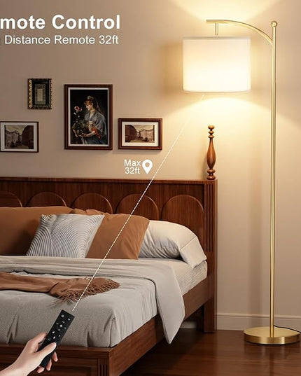 Ambimall Floor Lamp with Remote Control and Stepless Dimmable Bulb, Colors Temperature & Brightness Adjustable, Modern Floor Lamps for Living Room（White Shade & Gold Pole） - LeafyLoom