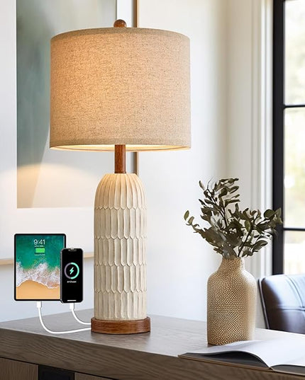 OYEARS 26.5" Table Lamp for Living Room，Bedroom Lamp with USB A+C Charging Ports,Modern Farmhouse Bedside Lamps for Night Stands,Brown and White(1 Pack) - LeafyLoom