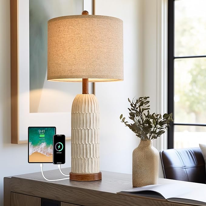 OYEARS 26.5" Table Lamp for Living Room，Bedroom Lamp with USB A+C Charging Ports,Modern Farmhouse Bedside Lamps for Night Stands,Brown and White(1 Pack) - LeafyLoom