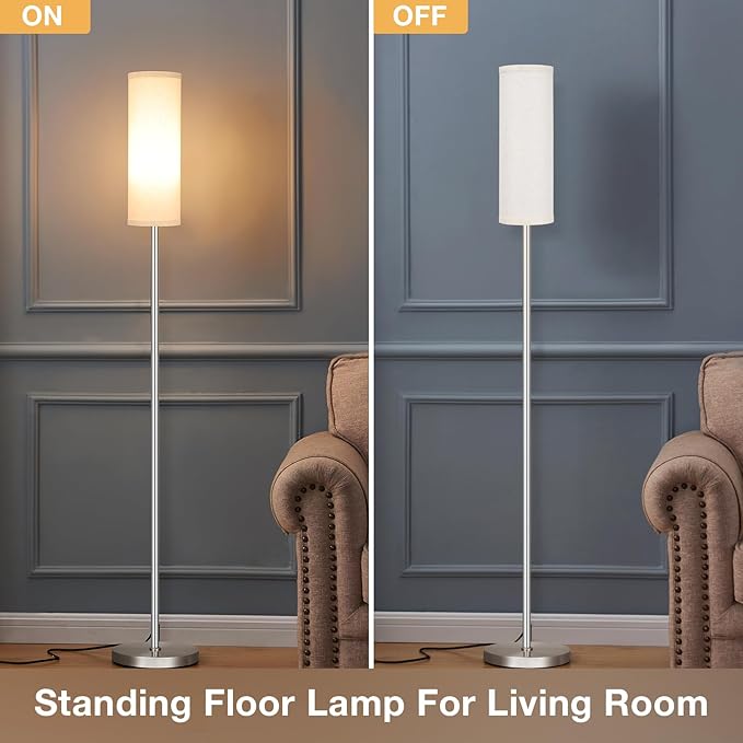 Ambimall Floor Lamp for Living Room - Pole Lamps for Bedrooms, Silver Standing Lamps with Beige Shade, 66'' Tall Lamp for Office, Minimalist Floor Lamp for Home Decor - LeafyLoom