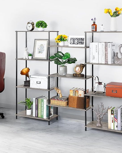 melos 4 Tier Bookshelf, Industrial Bookcase, Large Etagere Bookshelf Open Display Shelves with Metal Frame and 2 Anti-Tipping Strap, Grey - LeafyLoom