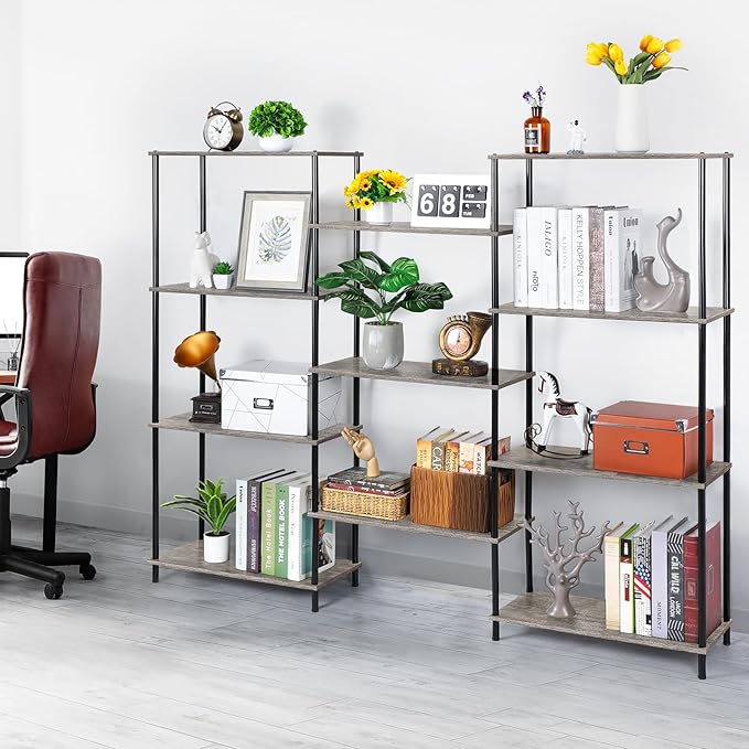 melos 4 Tier Bookshelf, Industrial Bookcase, Large Etagere Bookshelf Open Display Shelves with Metal Frame and 2 Anti-Tipping Strap, Grey - LeafyLoom