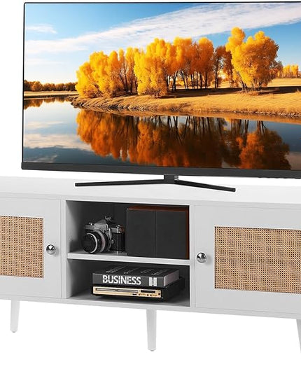 VEVOR Rattan TV Stand, Boho TV Cabinet for 55 inch TV, Mid Century Modern TV Stand, Rattan TV Console with Adjustable Shelfs for Living Room, Media Room, White - LeafyLoom