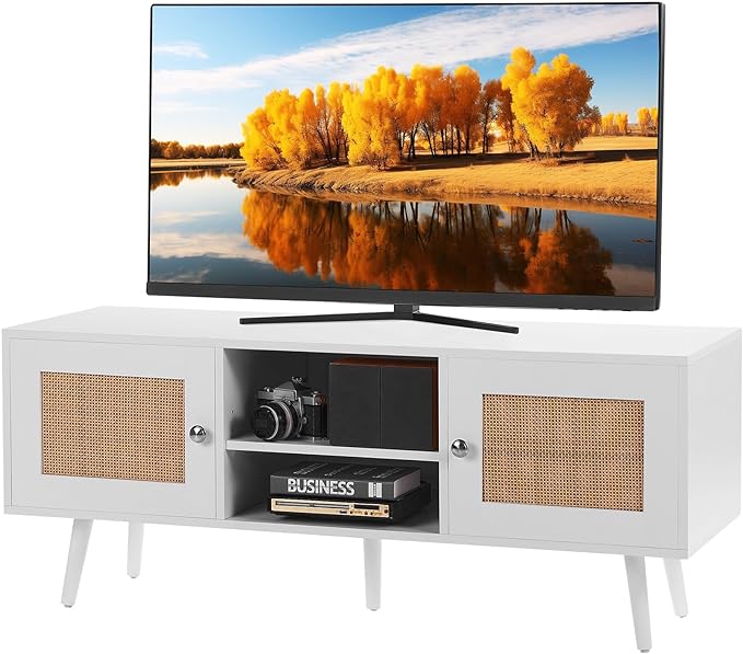 VEVOR Rattan TV Stand, Boho TV Cabinet for 55 inch TV, Mid Century Modern TV Stand, Rattan TV Console with Adjustable Shelfs for Living Room, Media Room, White - LeafyLoom