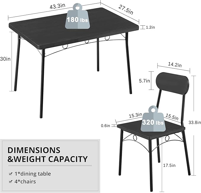 VECELO Dining Table Set for 4, 5 Piece Dinette with Chairs for Kitchen, Breakfast Nook and Small Space, 43.3", Black - LeafyLoom