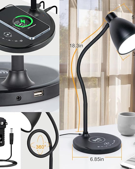 Desk Lamp with USB Charging Port Table Lamp Wireless Charger Dimmable Dorm Lamp 5 Colors 7 Brightness Levels Touch Bedside Table Lamps Gooseneck Reading Light for Home Office - LeafyLoom