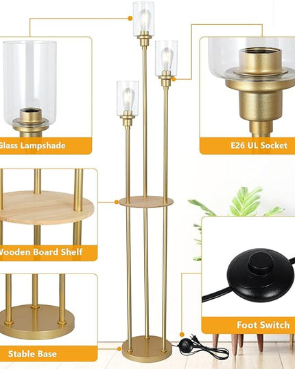 HMVPL Floor Lamps for Living Room, Gold Floor Lamp with Shelves, 3-Lights Modern Brass Standing Lamp with Glass Shades, On/Off Foot Switch, Mid Century Tall Lamp for Bedroom Corner Office(66") - LeafyLoom