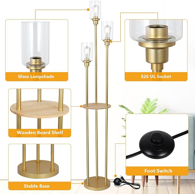 HMVPL Floor Lamps for Living Room, Gold Floor Lamp with Shelves, 3-Lights Modern Brass Standing Lamp with Glass Shades, On/Off Foot Switch, Mid Century Tall Lamp for Bedroom Corner Office(66") - LeafyLoom
