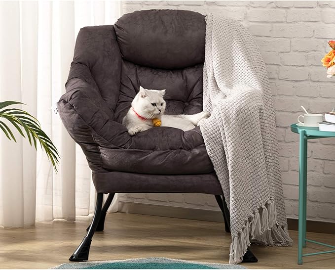 AcozyHom Modern Fabric Large Lazy Chair, Accent Oversized Comfy Reading Chair, Thick Padded Cozy Lounge Chair with Armrest, Steel Frame Leisure Sofa Chair for Living Room, Bedroom, Dorm, Coffee - LeafyLoom
