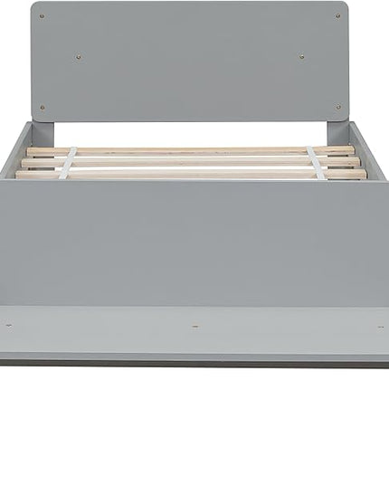 Twin Bed with Footboard Bench, Twin Kid Bed with Headboard, Wood Slat Support, Cute Kid Bed Frame with Book Storage Space, Twin Car Bed for Boys Girls Bedroom, No Box Spring Needed, Grey - LeafyLoom