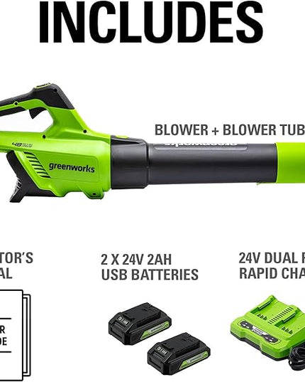 Greenworks 48V (2 x 24V) Cordless Axial Leaf Blower (125 MPH / 515 CFM / 125+ Compatible Tools), (2) 2.0Ah Batteries and Dual Port Charger Included - LeafyLoom