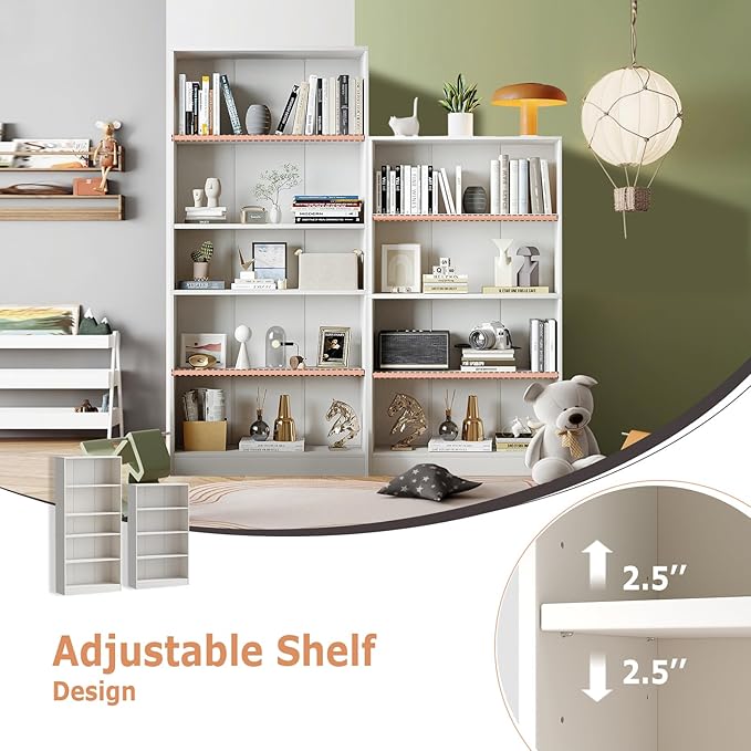 5-Tier Bookshelf, Wood Display Storage Shelves 67.3" Tall Bookcase Open Bookshelf for Home Office, Living Room and Bedroom,White - LeafyLoom