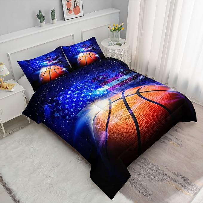 Datura home Kids Comforter Set Basketball Printed Pattern Bedding Set with 1 Comforter and 2 Pillowcases for Girls Boys Bedroom All Season(Basketball Twin) - LeafyLoom