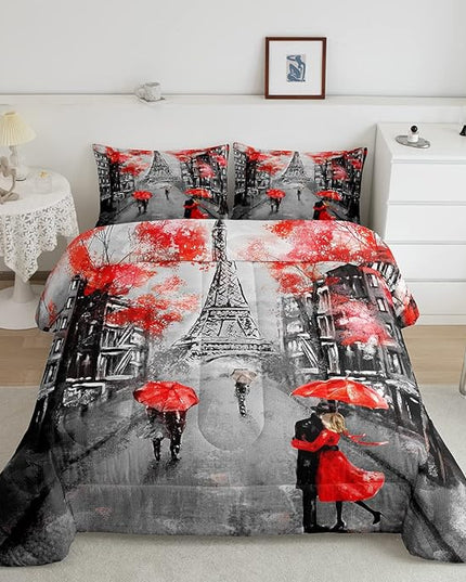 Paris Eiffel Tower Comforter Set For Paris Bedroom Decor, Retro French Citysapce Bedding Set Twin Oil Painting Duvet Set, Paris Gifts For Women Teen Girls, Red Floral, Black Gray, Romantic Quilt Set - LeafyLoom