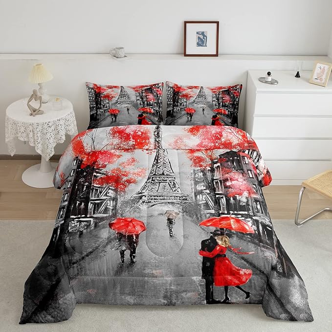 Paris Eiffel Tower Comforter Set For Paris Bedroom Decor, Retro French Citysapce Bedding Set Twin Oil Painting Duvet Set, Paris Gifts For Women Teen Girls, Red Floral, Black Gray, Romantic Quilt Set - LeafyLoom