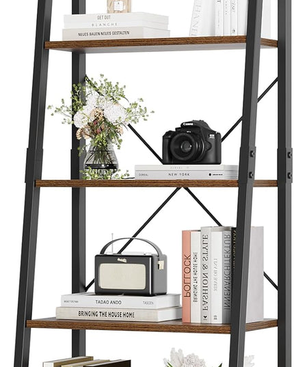 finetones 5-Tier Ladder Shelf, Ladder Bookshelf Bookcase with Metal Frame, Plant Rack Display Shelf Accent Furniture for Home Office, Black/Rustic Brown - LeafyLoom