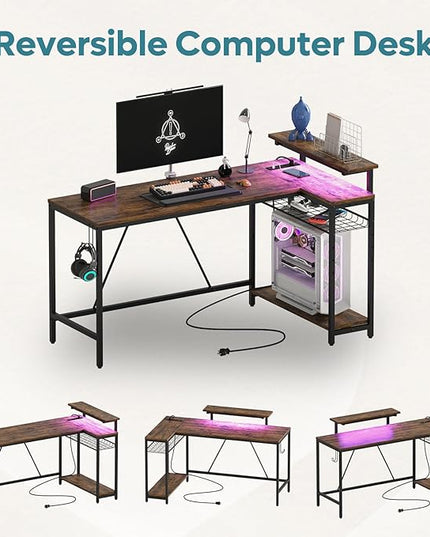 Bestier 58 L Shaped Desk with Power Outlets,Home Office Corner Desk with Reversible Shelves & LED Lights - Modern Simple Writing Study Desk for Small Space,Rustic Brown - LeafyLoom