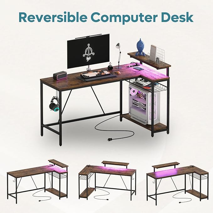 Bestier 58 L Shaped Desk with Power Outlets,Home Office Corner Desk with Reversible Shelves & LED Lights - Modern Simple Writing Study Desk for Small Space,Rustic Brown - LeafyLoom