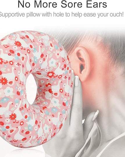 Ear Piercing Pillow for Side Sleeping, CHN Pillow with Hole for Side Sleepers Ear Pain Inflammation Pressure Sores O-Shaped Donut Guard Pink Goose - LeafyLoom