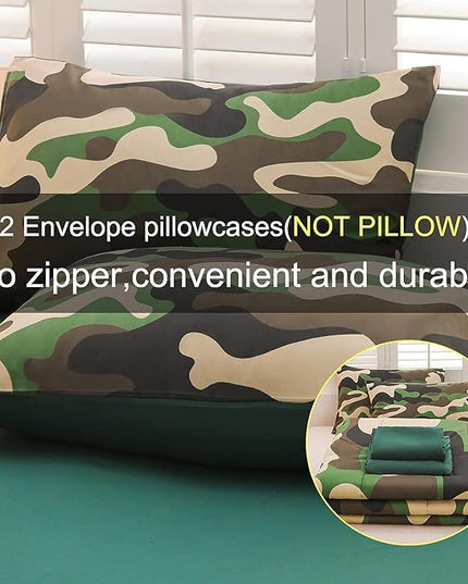 Meeting Story Camouflage Bedding Set, Colorful Pattern Style Comforter Set, 5 PCS One Comforter Two Pillowcases Two Sheets in One Bag, All Season Bedspread for Teens Adults (Green, Queen 5Pcs) - LeafyLoom