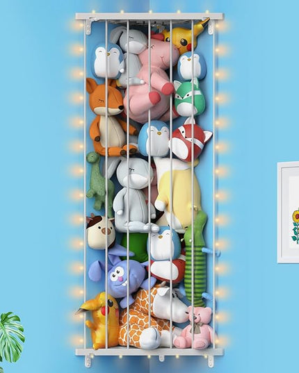 Stuffed Animal Storage Toy Organizer: Corner Stuff Animals Holder for Wall with LED Light - Kids Plush Toys Storage with Adjustable Length for Nursery Playroom Bedroom Kids Room(Gray) - LeafyLoom