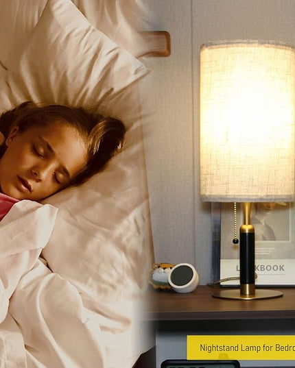 3-Color Temperatures Bedside Table Lamp for Nightstand Living Room Lamps for Bedroom Wood Fabric Pull Chain Switch Small Desk Lamps Home Office End Table Room Decor (Light Brown+Brass) - LeafyLoom