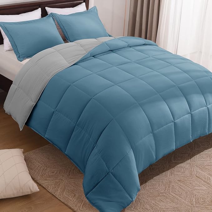 Basic Beyond Queen Comforter Set - Fluffy Comforter Queen Set for All Seasons - Reversible Blue Comforter Set Queen for Mens - 3 Pieces (1 Comforter + 2 Pillow Shams) - Blue/Grey - LeafyLoom