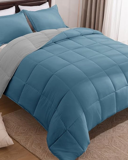 Basic Beyond King Size Comforter Set - Fluffy King Bed Comforter Set for All Seasons - Reversible Blue Comforter Set King - 3 Pieces (1 Comforter + 2 Pillow Shams) - Blue/Grey - LeafyLoom