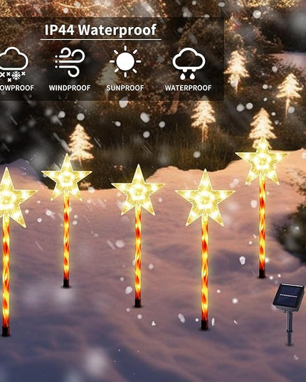 Solar Christmas Pathway Lights Outdoor Decorations, 8 Modes Star Candy Lights Waterproof Led Garden Stake Lights for Walkway Yard Lawn Porch Holiday Decor 5-Pack (Warm White Star Lights) BRIGHTDECK